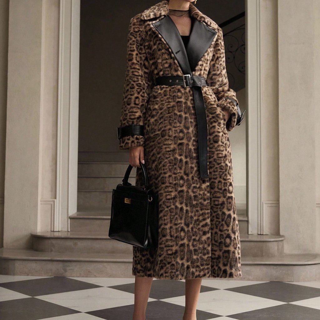 Khaki Casual Women's Leopard Print Faux Fur Patchwork Trench Coat